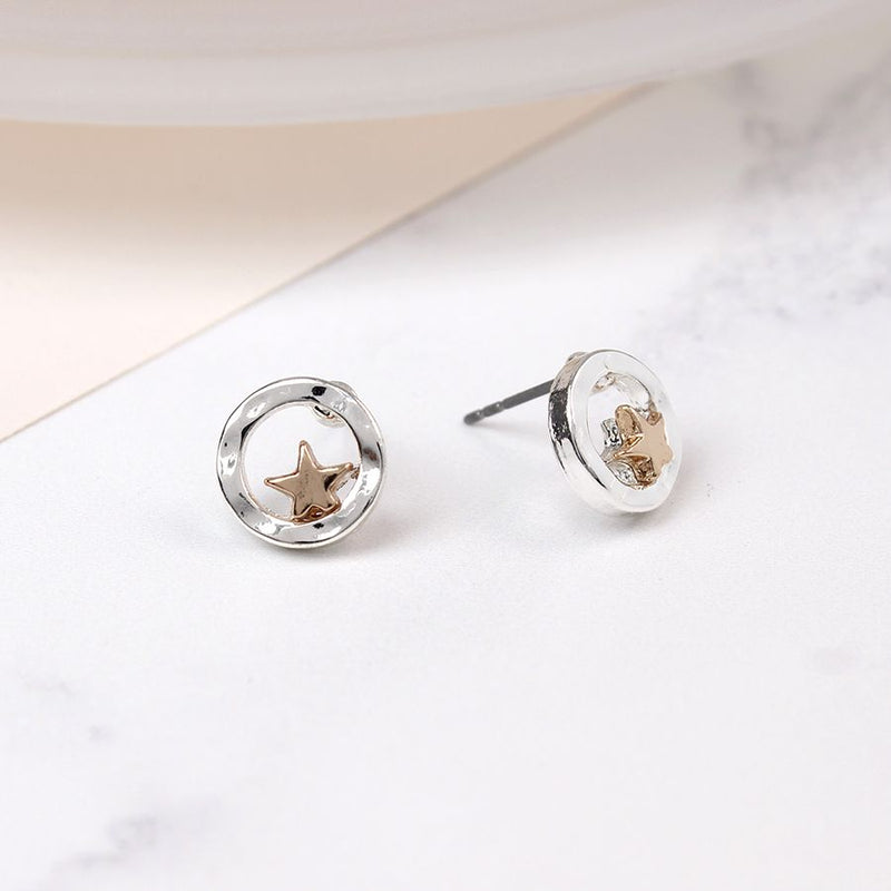 Silver Plated Beaten Disc Rose Gold Star Earrings