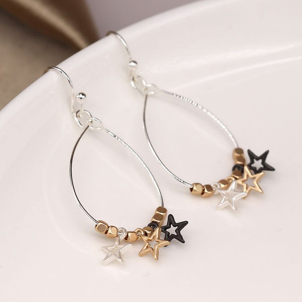 Mixed Metallic Open Star Charm Teardrop Earrings