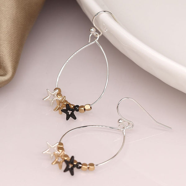 Mixed Metallic Open Star Charm Teardrop Earrings