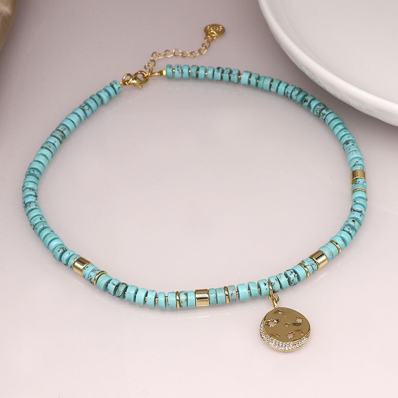 Turquoise Bead Necklace With Golden Star Disc Pendant