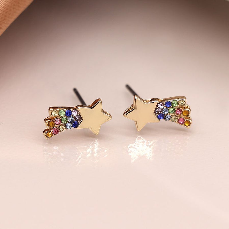 Golden Shooting Star Earrings With Rainbow Crystals