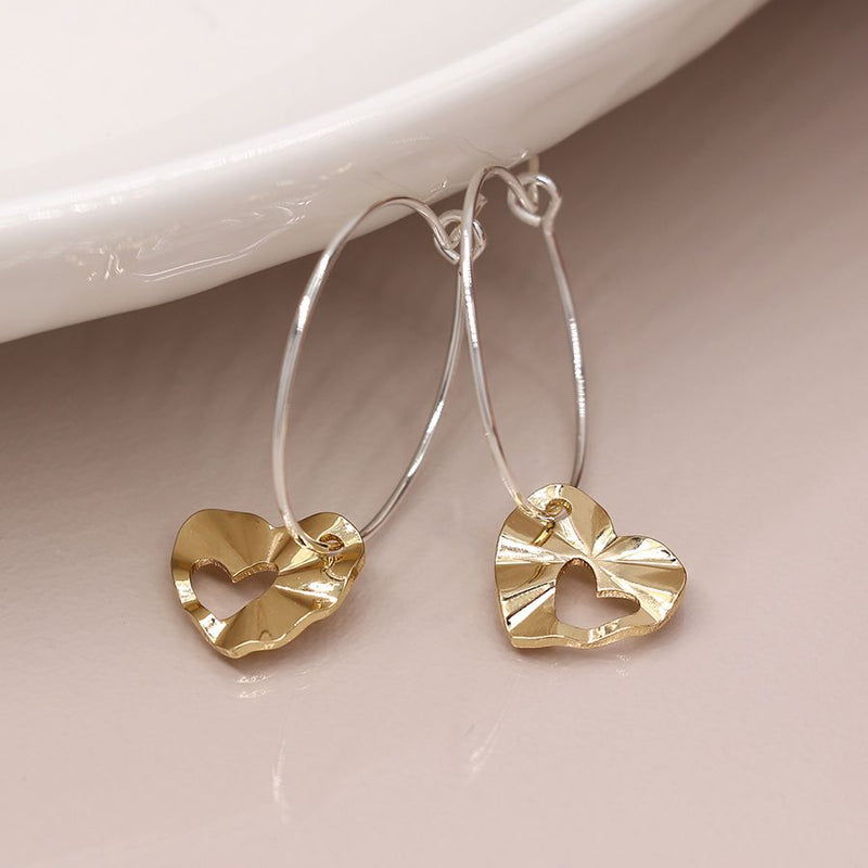 Silver Plated Hoop And Golden Heart Earrings