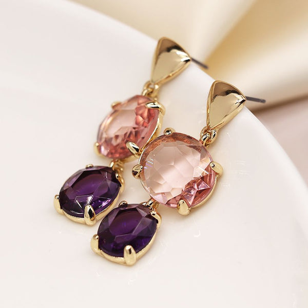 Golden Triangle And Pink/Purple Glass Earrings