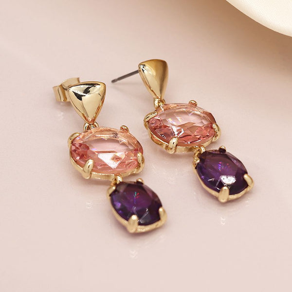 Golden Triangle And Pink/Purple Glass Earrings