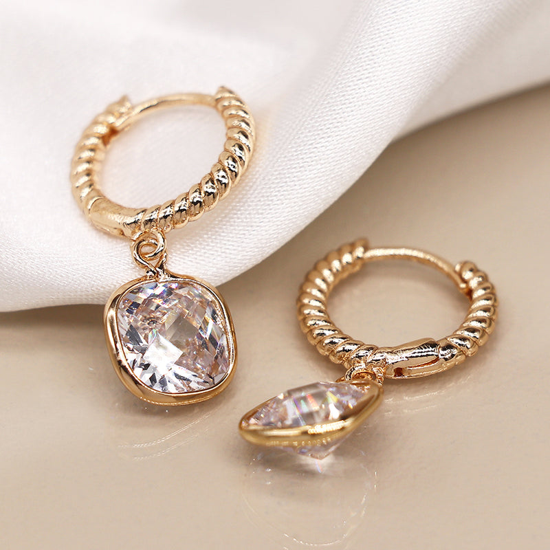 Gold Plated Twist Hoop & Crystal Drop Earrings