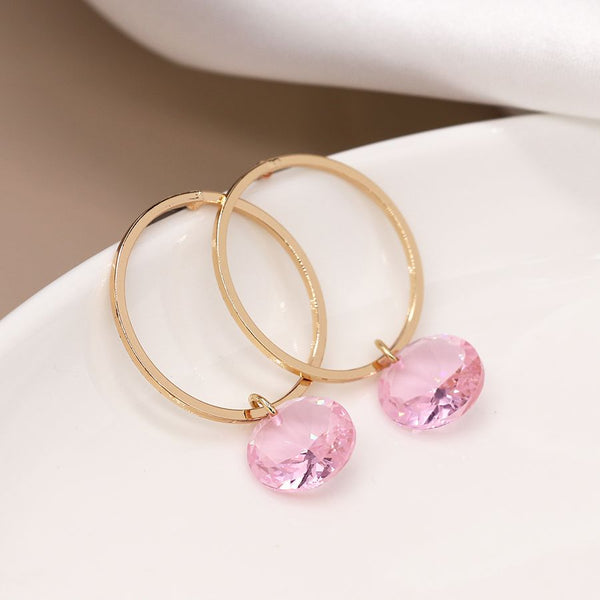 Golden circle And Pink Bead Drop Earrings