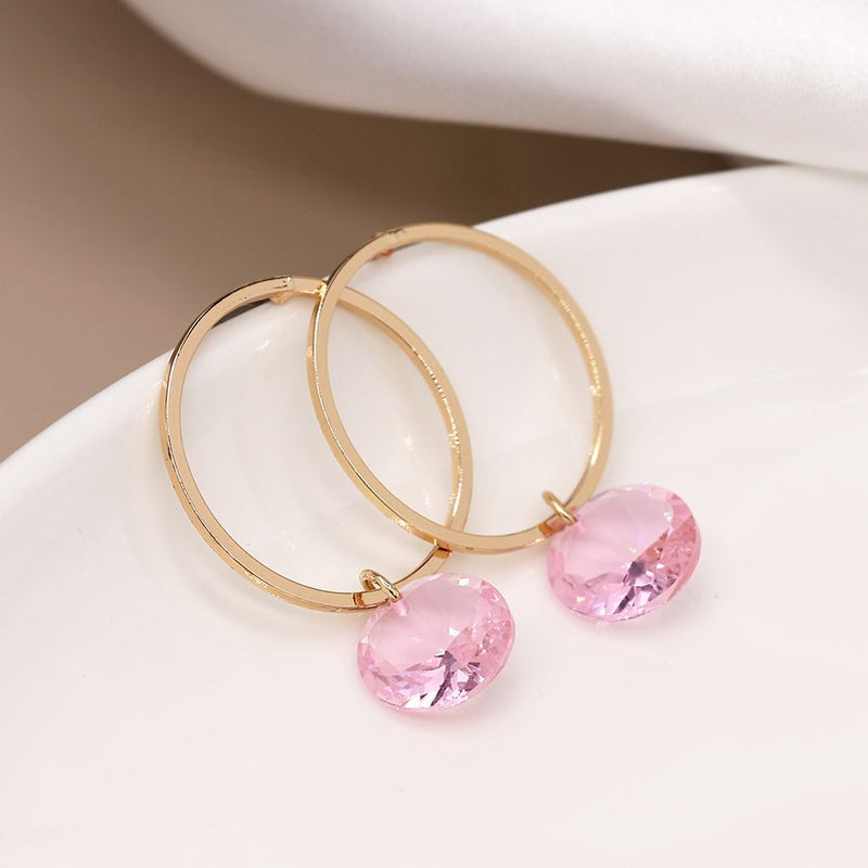 Golden circle And Pink Bead Drop Earrings