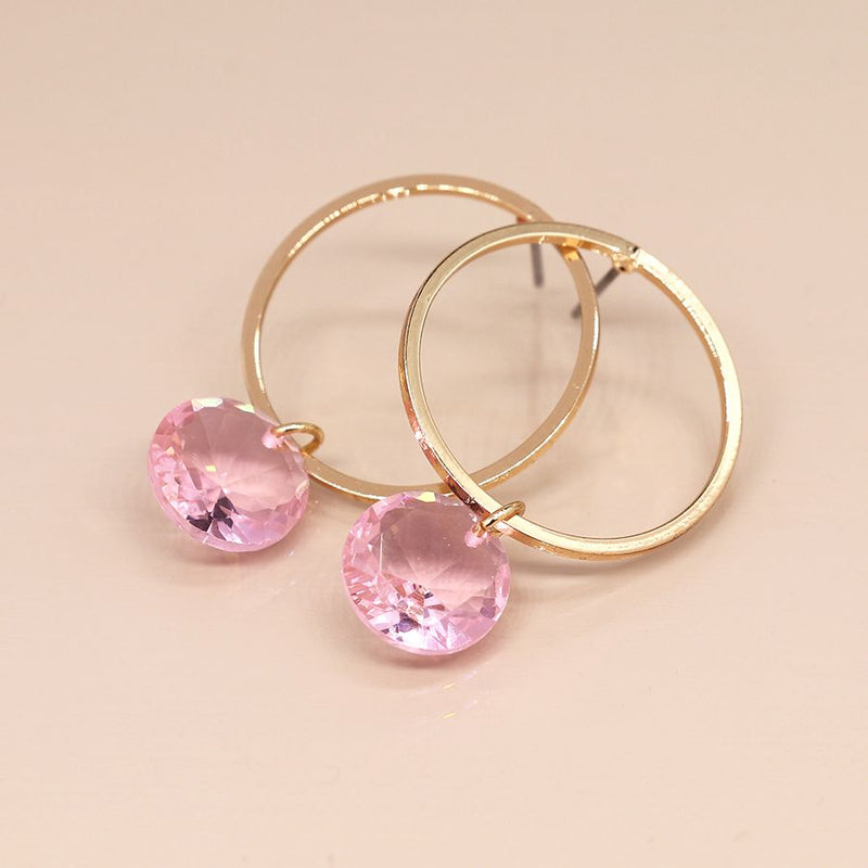 Golden circle And Pink Bead Drop Earrings