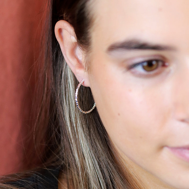 Silver Cube Bead Hoop Earrings