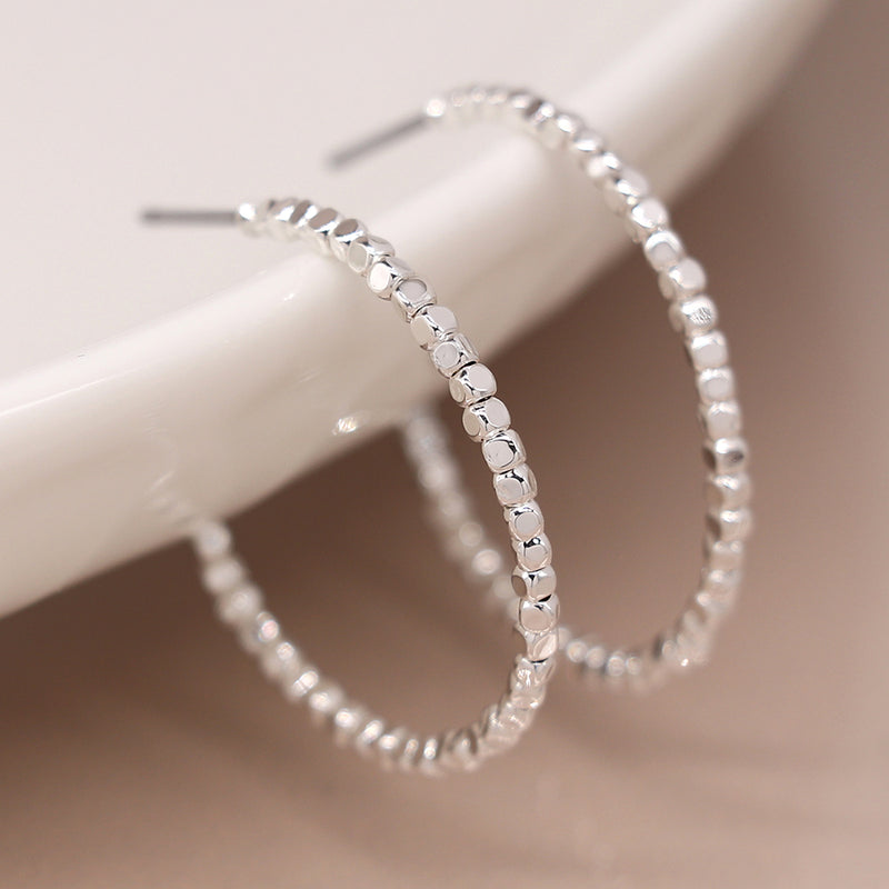 Silver Cube Bead Hoop Earrings