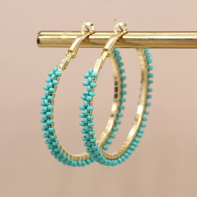 Golden And Aqua Bead Large Hoop Earrings