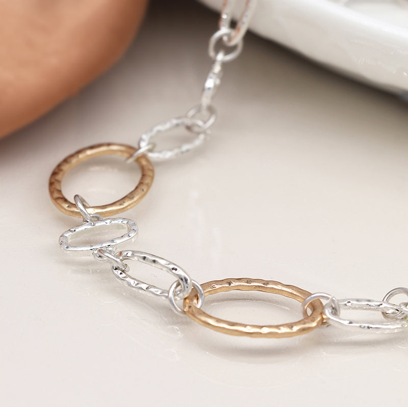 Silver plated and faux gold hammered linked hoops necklace