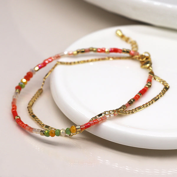 Bright Orange and Faux Gold Plated Double Strand Bracelet