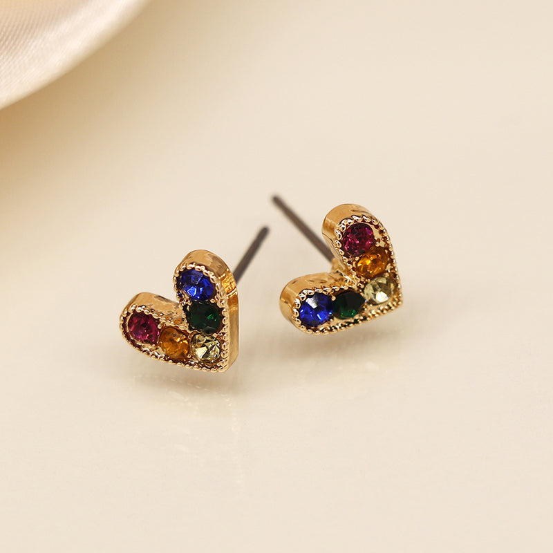 Faux Gold Multi Coloured Crystal Heart Stud Earrings