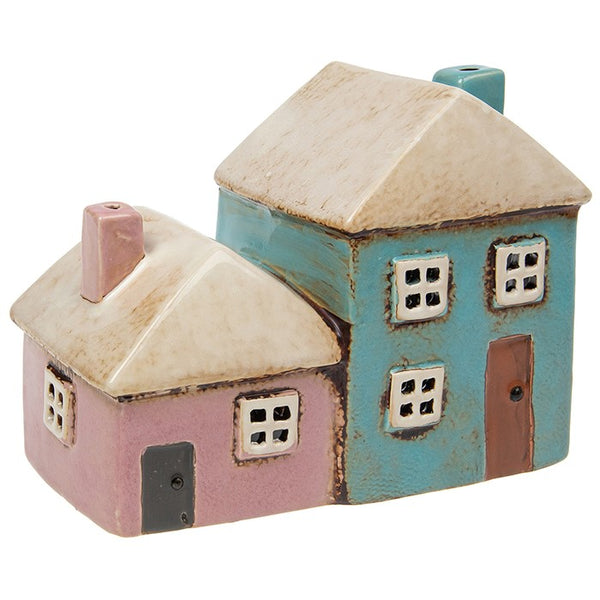 Village Pottery Two Houses Tealight Holder - Pink & Aqua