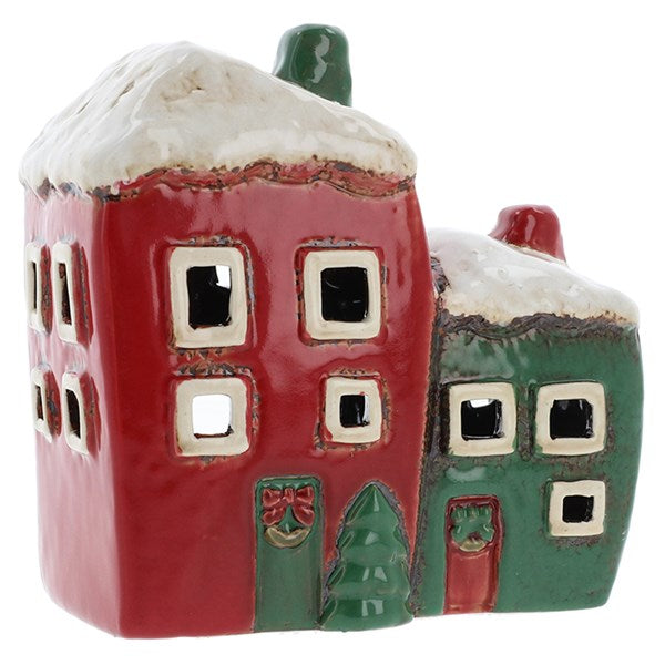 Village Pottery Christmas Red/Green Two House Tealight