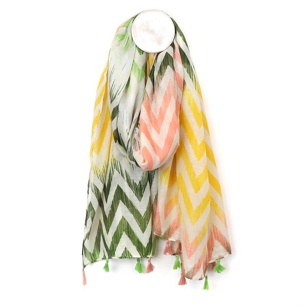 Green, Peach And Yellow Chevron Ikat Scarf