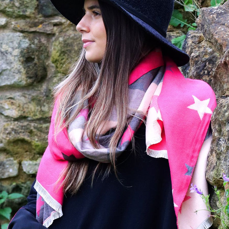 Fuschia/Grey Star Jacquard Scarf