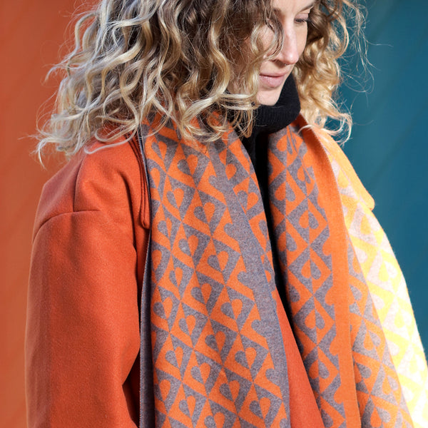 Orange Mix Geo Hearts Reversible Jacquard Scarf