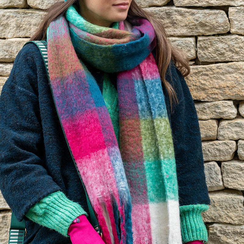 Raspberry/Blue Fluffy Checked Fringe Scarf