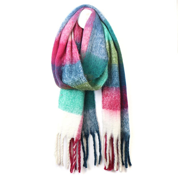 Raspberry/Blue Fluffy Checked Fringe Scarf