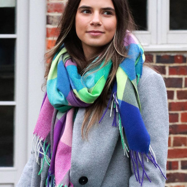 Blue/Green Mix Colour Block Checked Scarf