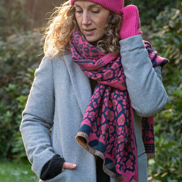 Pink/Navy Reversible Leopard Print Jacquard Scarf