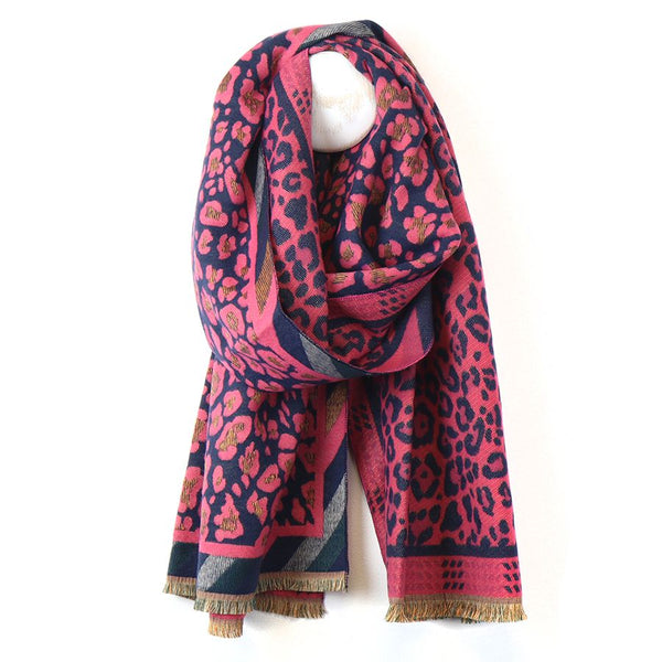 Pink/Navy Reversible Leopard Print Jacquard Scarf