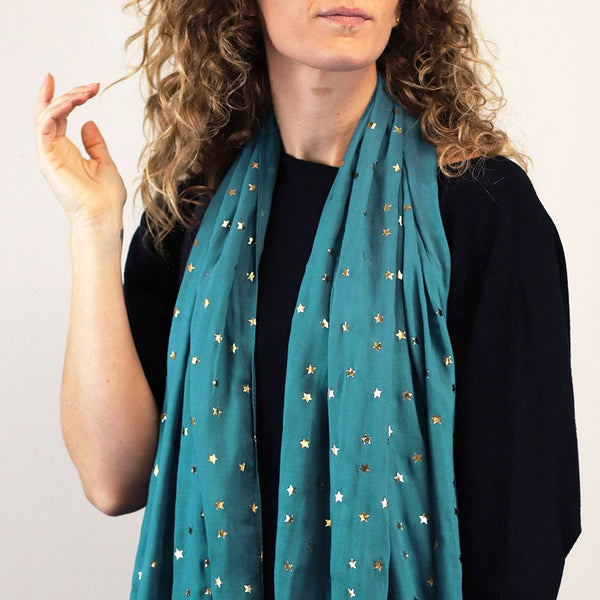 Teal Gold Star Viscose Scarf