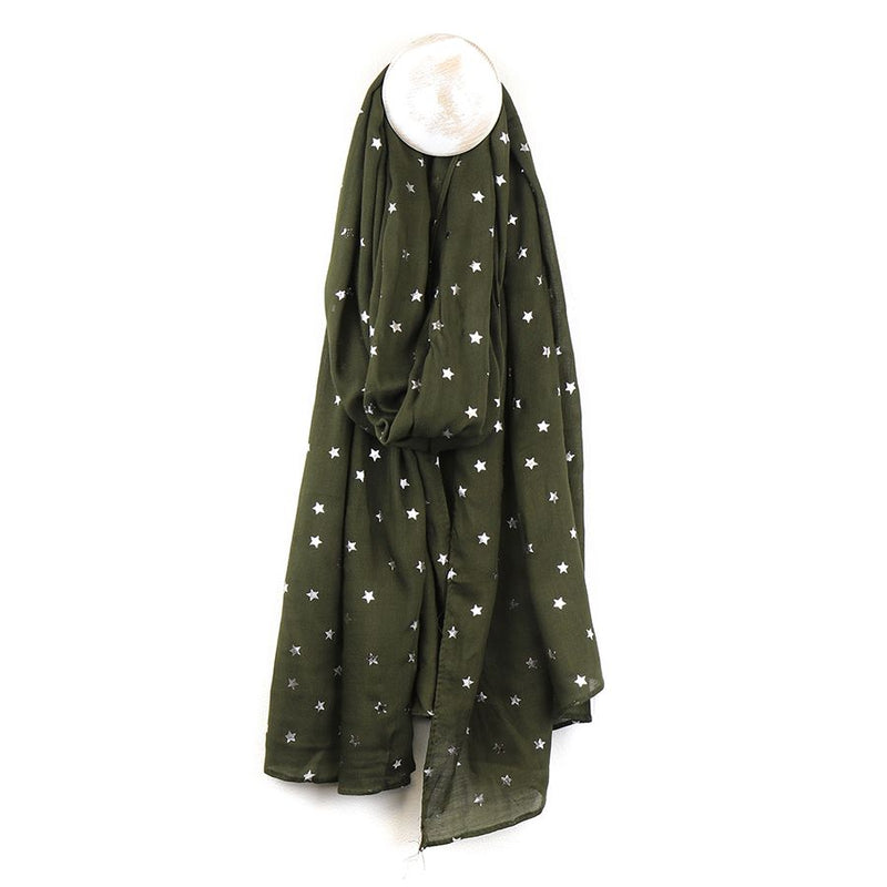 Deep Pine Green Silver Star Viscose Scarf