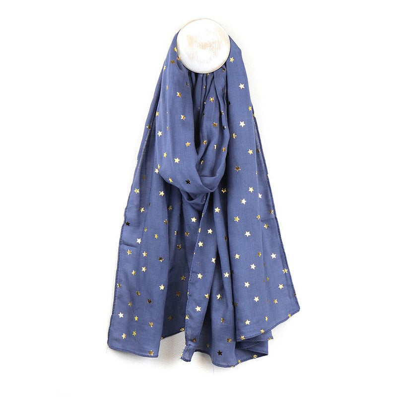 Denim Blue Gold Star Viscose Scarf