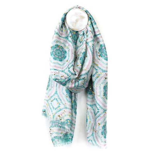 Teal Mix Circle And Metallic Print Scarf