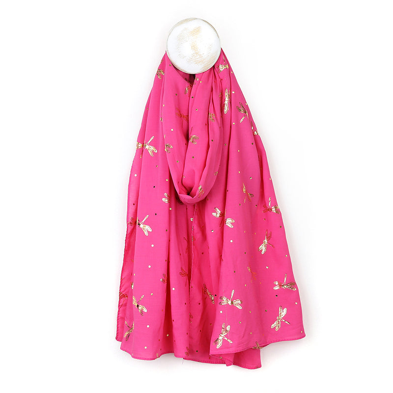 Bright Pink and Metallic Dragonfly Print Scarf