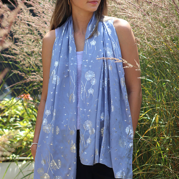 Demin Blue And Metallic Dandelion Print Scarf