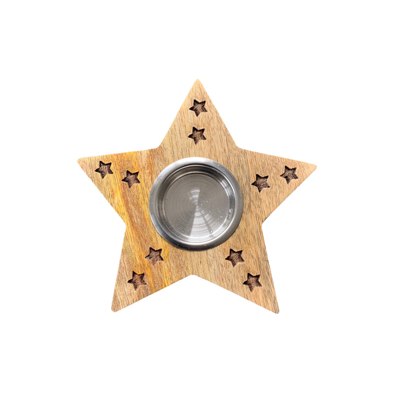 Large Etched Mango Wood Star Tealight Holder 12.5cm