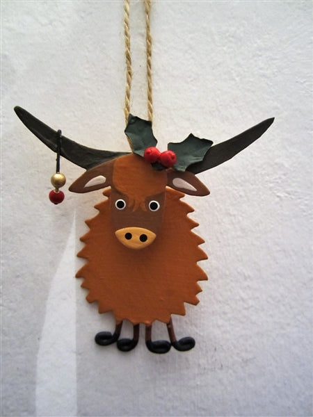 Highland Coo & Holly Hanging Decoration