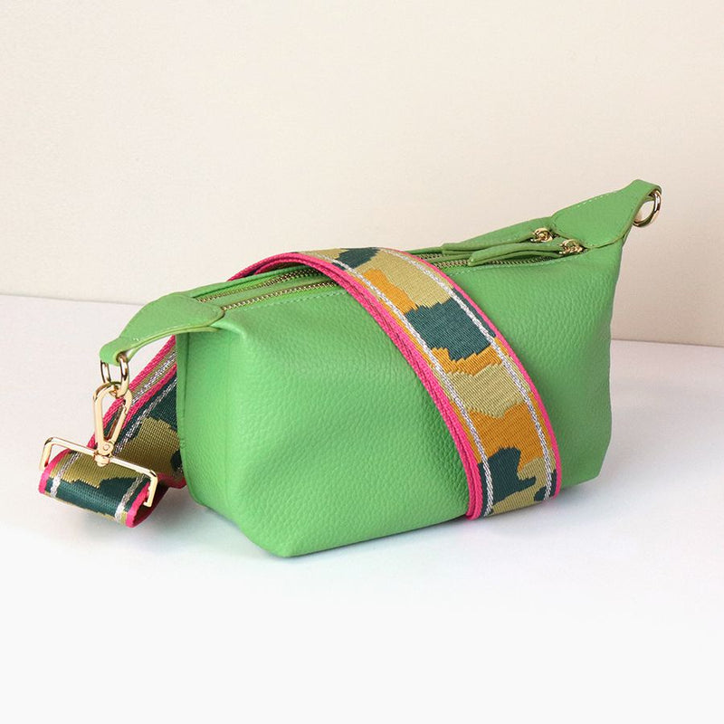 Pea Green Vegan Leather Camera Bag With Pink/Orange Abstract Strap