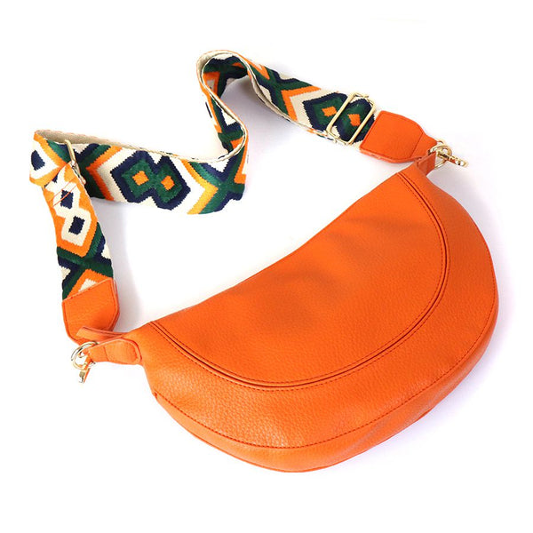 Orange Vegan Leather Half Moon Bag With Diamond Strap