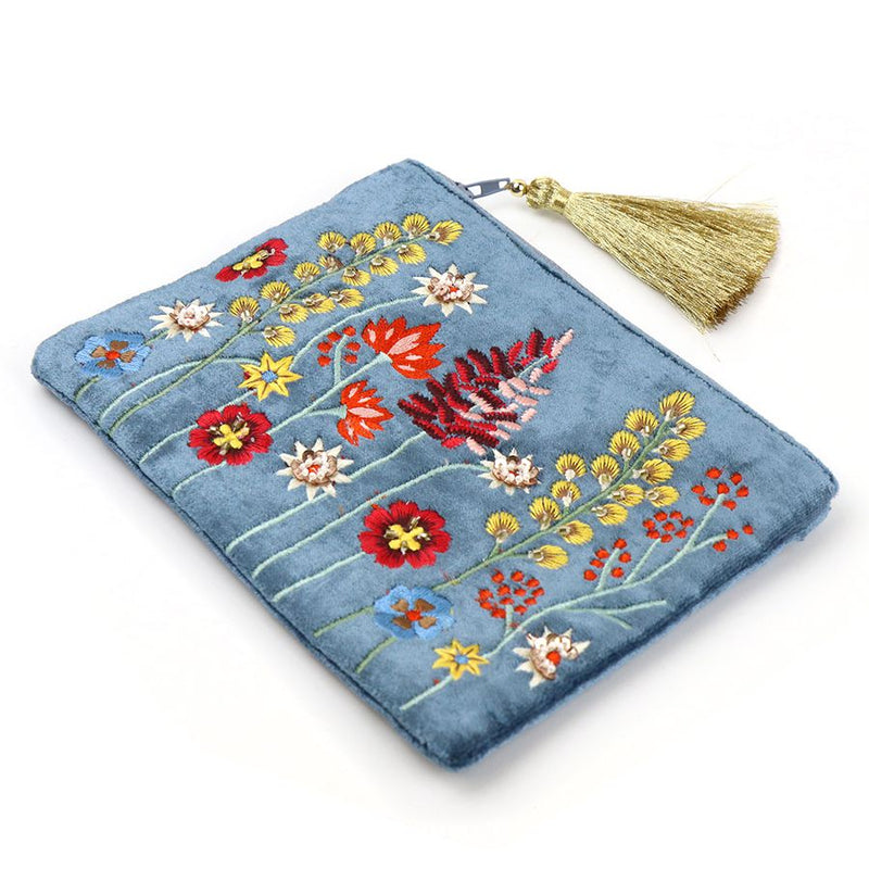 Dusky Blue Floral Velvet Purse/Pouch