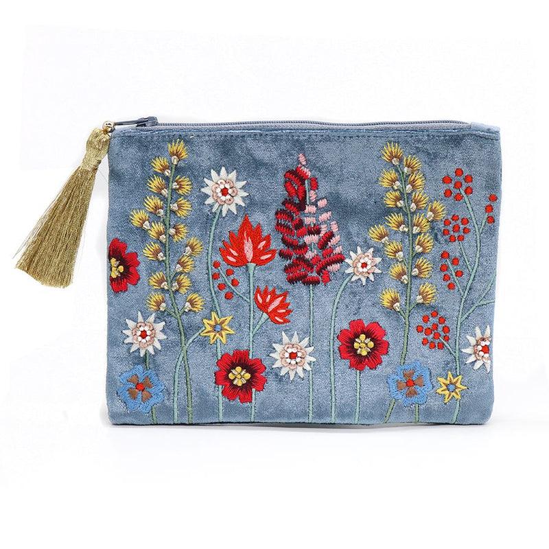 Dusky Blue Floral Velvet Purse/Pouch