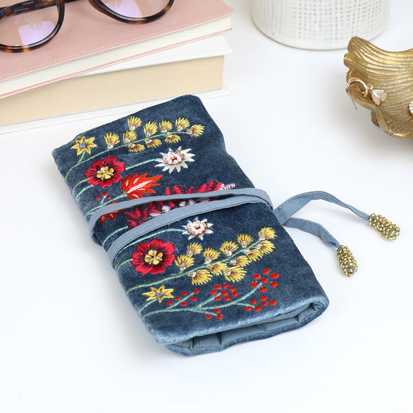 Dusky Blue Floral Velvet Jewellery Roll