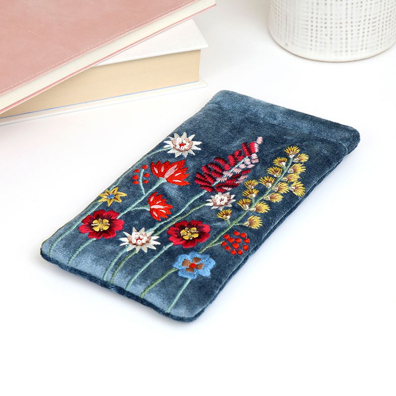 Dusky Blue Floral Velvet Glasses Case