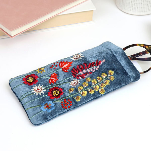 Dusky Blue Floral Velvet Glasses Case