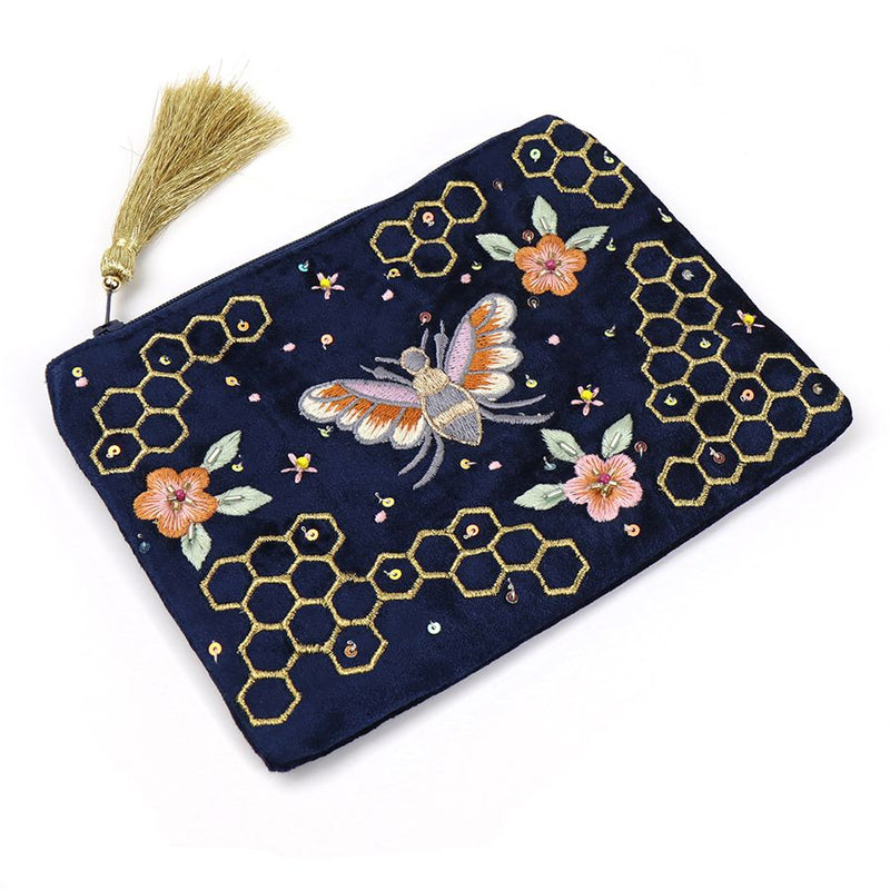 Navy Bee Velvet Purse/Pouch