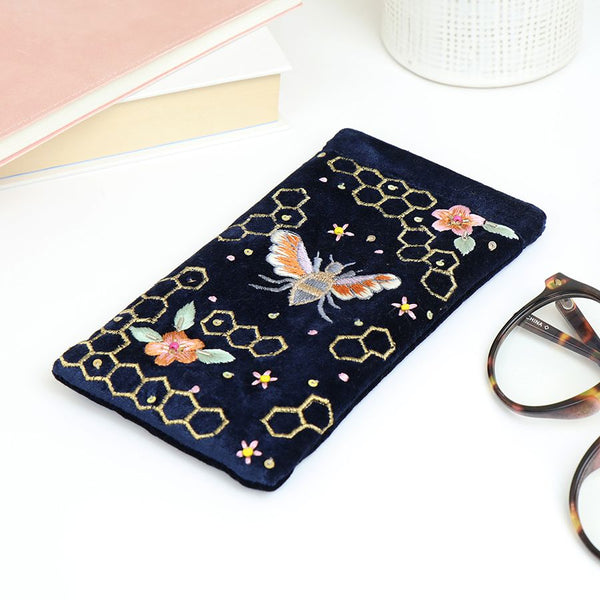 Navy Bee Velvet Glasses Case