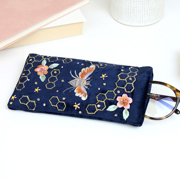 Navy Bee Velvet Glasses Case