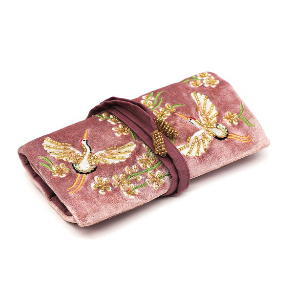 Pink Embroidered Crane Velvet Jewellery Roll