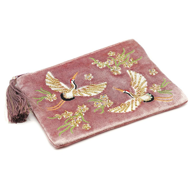 Dusky Pink Crane Velvet Purse/Pouch