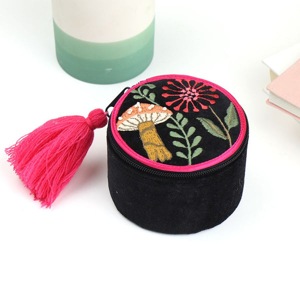 Zipped Round Midnight Toadstools Embroidered Jewellery Box