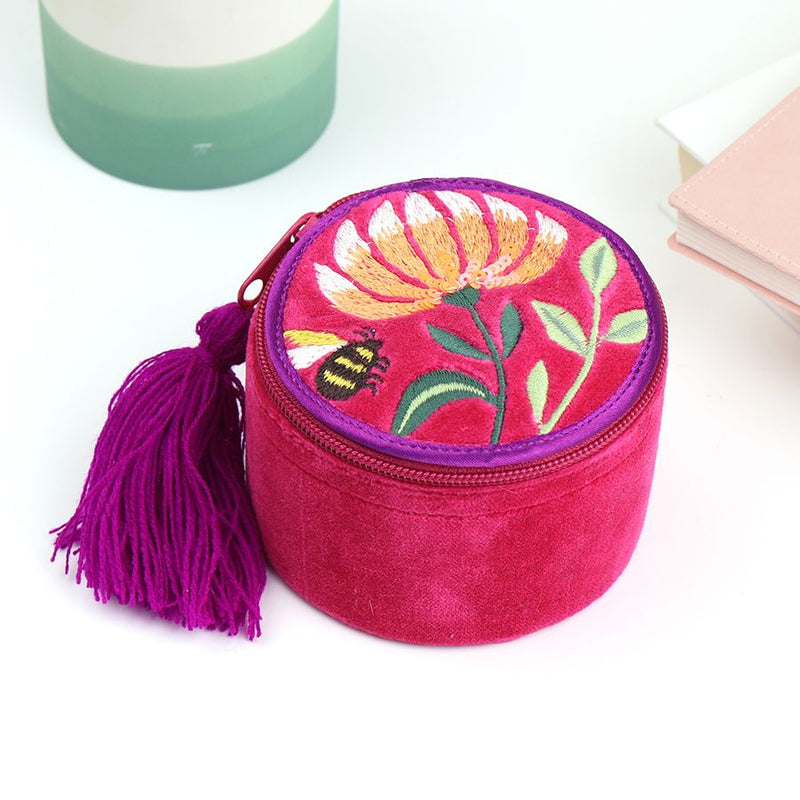 Zipped Round Fuchsia Floral Embroidered Jewellery Box